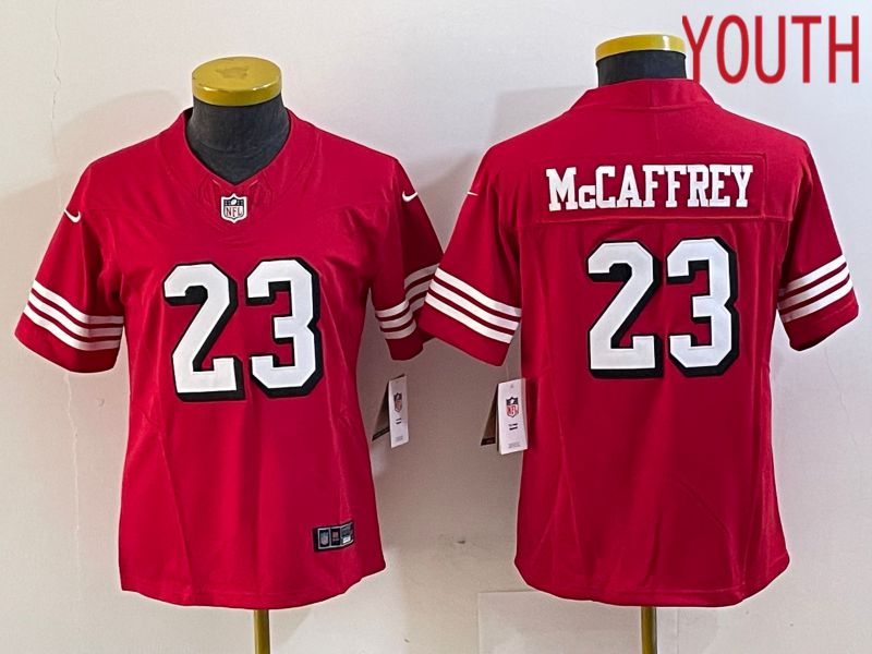 Youth San Francisco 49ers 23 Mccaffrey Red 2023 Nike Vapor Limited NFL Jersey style 4